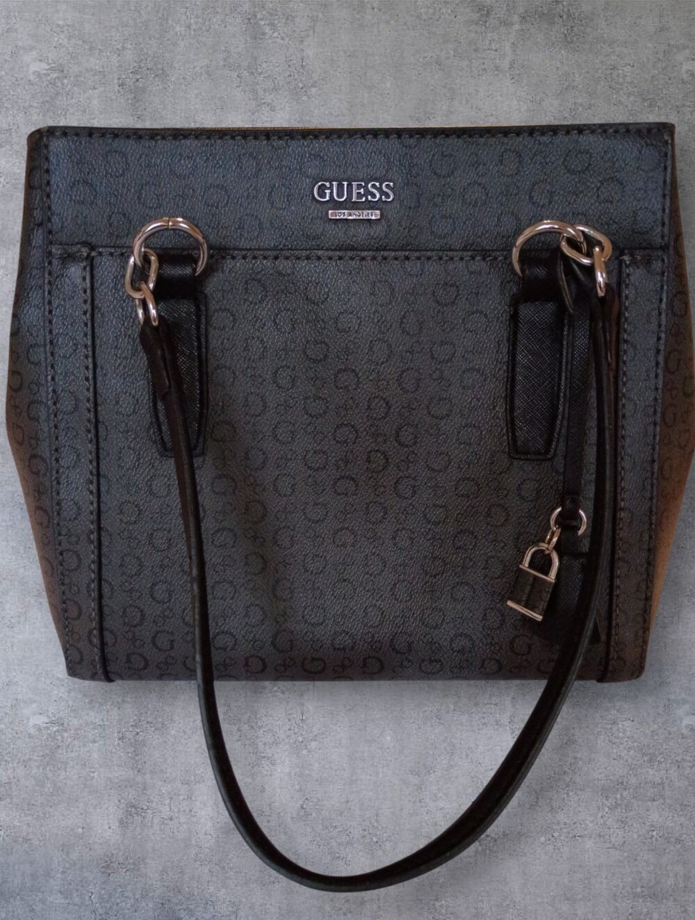 GUESS Black/Grey Logo Monogram Tote with Silver Hardware